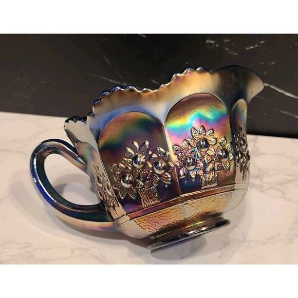 Fenton Carnival Glass Creamer Orange Tree Pattern Blue Base Scallop Edge GUC - Picture 5 of 9